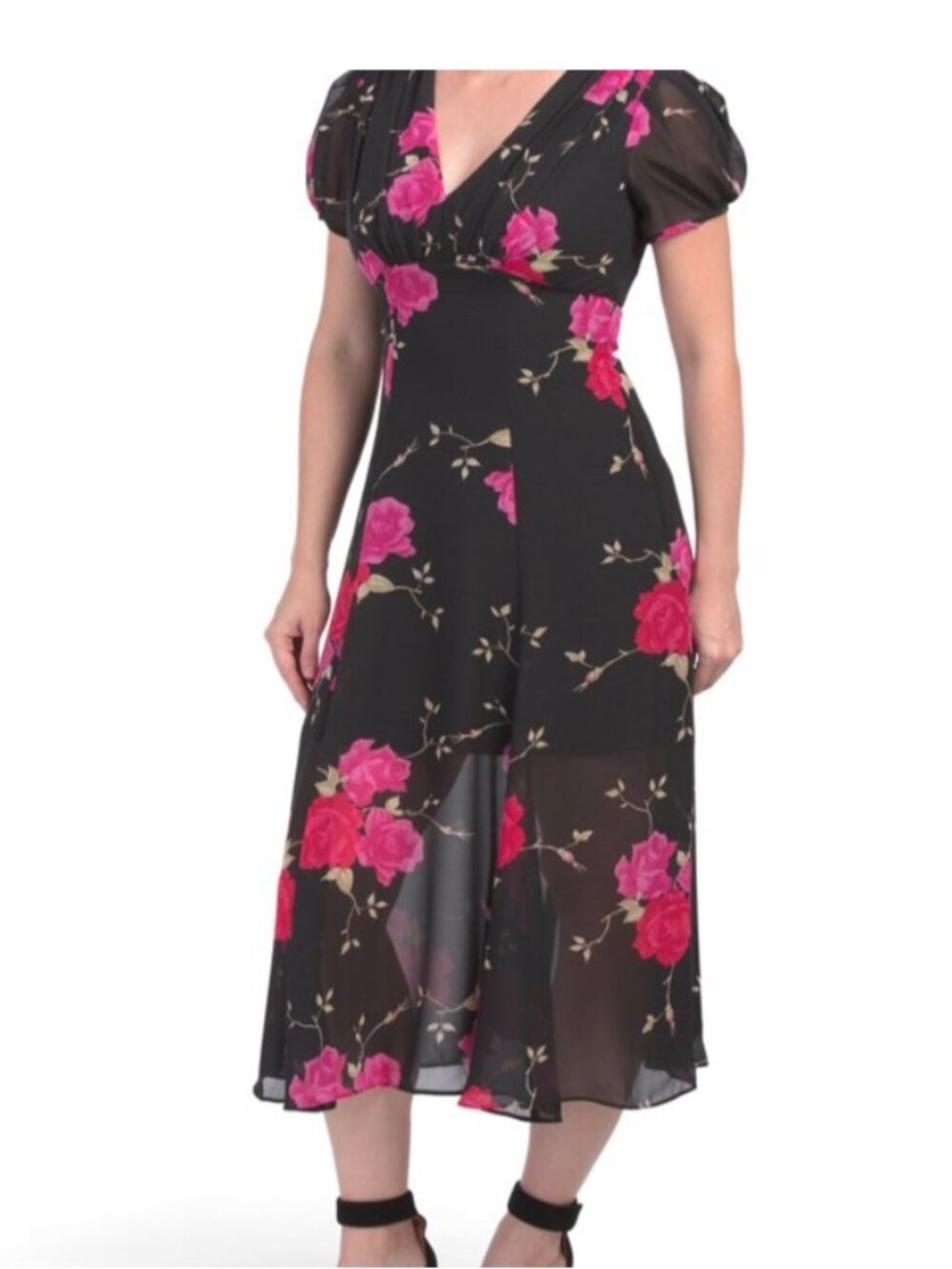 Betsey Johnson Black Floral A Line Midi Dress V Neck Chiffon Lined Size 6 NWT